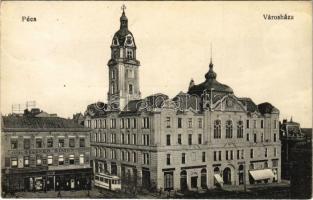 1915 Pécs, Városháza, villamos, Steiner Simon szabó üzlete, gyógyszertár (EK)