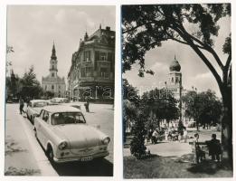 Kecskemét - 8 db modern 1,20 Ft-os Képzőművészeti Alap képeslap (Fő tér, autók, autóbusz, Zenei gimn...