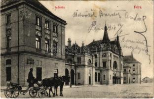 1913 Pécs, indóház, vasútállomás, lovaskocsi. Blancz József kiadása (EK)