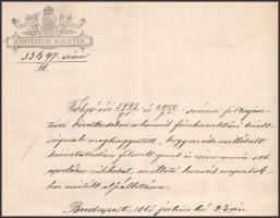 1885 Bp., M. kir. honvédelmi miniszter által kiállított hivatalos irat, báró Fejérváry Géza (1833-19...
