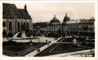 1941 Kolozsvár, Cluj; Mátyás király tér és szobor, Anyafarkas-szobor, bank / square and statues, bank