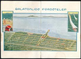 cca 1930 Balaton-Lidó fürdőtelep. Kihajtható, színes reklámlap a telep látképével illusztrálva. Bp., Wodianer-ny., kissé foltos, kitöltetlen, 21x15 cm