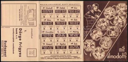 1933 Mit álmodott?, Dörge Frigyes Bank Rt. osztálysorsjáték, kihajtható reklámlap, szép állapotban