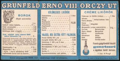 1928 Grünfeld Ernő (Bp. VIII. Orczy út 24. - Sárkány u. sarok) húsvéti előny árjegyzék. Kihajtható, ...