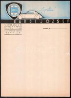 cca 1938 Bárdi József autókereskedő és szerviz cég dekoratív fejléces üzleti levélpapírja, kitöltetlen, szakadással, 2 db