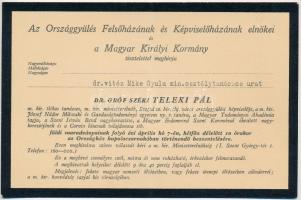 1941 gróf széki Teleki Pál (1879-1941) mininszterelnök halála után meghívó földi maradványainak az Országház kupolacsarnokában történendő beszentelésére, személyre szóló meghívó vitéz Mike Gyula min. osztálytanácsos részére, közepén hajtásnyommal, 13x20 cm