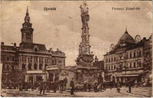 1917 Újvidék, Novi Sad; Ferenc József tér, Grand Hotel Mayer szálloda, Szentháromság szobor, Burmann Sándor üzlete. Vasúti levelezőlapárusítás 9896. / square, hotel, Holy Trinity statue, shops (felületi sérülés / surface damage)