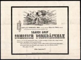 1867 Saárdi Gróf Somssich Pongrácz (1847 k. - 1867) gyászjelentése, hajtásnyomokkal, lapszéli egészen apró szakadásokkal, 23x31 cm