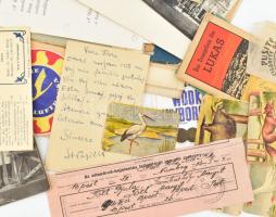 Vegyes papírrégiség tétel, képeslap, címke, számla, reklám, stb