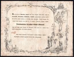 1848 Gyulai Gaál József táblabíró, korábbi Baranya megyei főjegyző és alispán gyászjelentése, hajtásnyomokkal, foltos, Pécs, lyceumi nyomda, 22x28,5 cm
