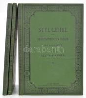 Alois Hauser: Styl-Lehre der architektonischen und kunstgewerblichen Formen. I-III. Bände. I. Theil: Styl-Lehre der architektonischen Formen des Alterthums. Dritte Auflage. II. Theil: Styl-Lehre der architektonischen Formen des Mittelalters. Zweite Auflage. III. Theil: Styl-Lehre der architektonischen Formen der Renaissance. Dritte Auflage. Wien, 1894-1899-1891., Alfred Hölder. Fametszetű illusztrációkkal. Német nyelven. Kiadói egészvászon-kötés, a borítón kis kopásnyomokkal, a II. kötet foltos.