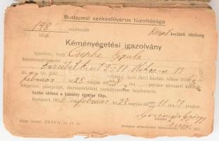 1936 Csepke Gyula kéményseprő sormunka igazolókönyve, rengeteg bejegyzéssel, bélyegzőkkel. Benne Budapest székesfőváros tűzoltósága által kiállított kéményégetési igazolványok (8 db). Korabeli sérült, viseltes félvászon-kötésben, szétváló fűzéssel, koszos lapokkal.