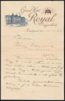 1914 Grand Hotel Royal (Budapest) fejléces, illusztrált levélpapírja, Rhédey Zoltánnak szóló kézzel írt levéllel, lap tetején apró sérüléssel