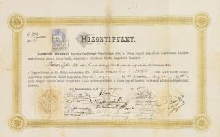 1898 Komárom, Komárom vármegye törvényhatósági bizottsága által kiadott szigorlati bizonyítvány felzetes szárazpecséttel, 1ft okmánybélyeggel