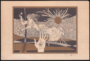 Szász Endre (1926-2003): Szürrealista jelenet. Szitanyomat, papír. Jelzett. Levelezőlap. 8x11 cm