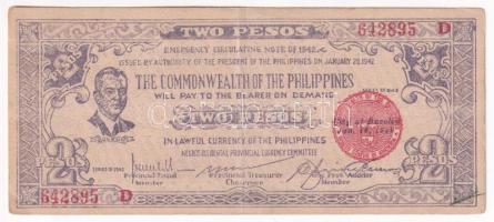Fülöp-szigetek 1942. 2P 642895 D T:F kis tollvonás az egyik sarkán Philippines 1942. 2 Pesos 642895 D C:F small pen mark on one corner Krause P#S647b