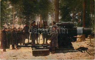 Der europäischer Krieg 1914/16. Wirklichkeitsbilder vom Kriegsschauplatz Nr. 117: Österreichische Truppen beim Laden eines schweren Geschützes. Feldpostkarte / Osztrák-magyar katonák nehézágyúval