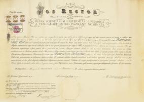 1946 Bp., Kir. M. Pázmány Péter Tudományegyetem orvosi diploma Schrötter Henrik részére, szárazpecséttel, adópengős okirati illetékbélyegekkel. Feltekerve, gyűrődésekkel, kisebb lapszéli szakadással, 53,5x38 cm