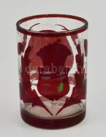 Címeres üveg pohár. bíborszín, kézzel festett XIX. sz, kopott 11 cm