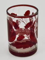 Címeres üveg pohár. bíborszín, kézzel festett XIX. sz, kopott 11 cm