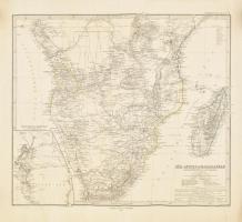 1880 Süd-Afrika & Madagaskar. Von A. Petermann. Stieler's Hand-Atlas No. 71. / Dél-Afrika és Madagaszkár térképe, 1 : 12.500.000, Gotha, Justus Perthes. Feltekerve, gyűrődésekkel, kisebb sérülésekkel, javított, 48x40 cm