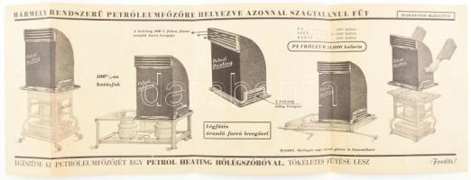 cca 1940 A Petrol Heating hőlégszóró ismertetése, illusztrált, kihajtható reklámlap, kihajtva: 41,5x14,5 cm