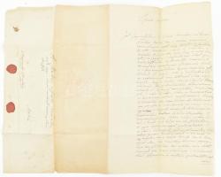 1848 Makó, Tisztelt uradalom! megszólítással írt hivatalos levél, Fischer Jakab által 1842-ben megváltott makói uradalmi kocsmáztatási jog, illetve annak megsértése tárgyában; 3 beírt oldal, a szöveg végén főszolgabírói aláírással, 2 db (nemesi monogramos, ill. címeres) viaszpecséttel