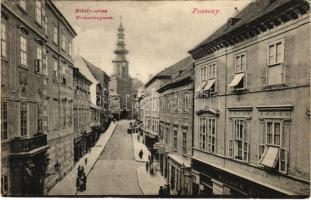 1907 Pozsony, Pressburg, Bratislava; Mihály utca, üzletek. D.K. Bp. 1906. 514. / Michaelergasse / street view, shops (EK)