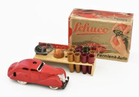 cca 1940 Schuco Fernlenk-Auto felhúzhatós német lemezautó, dobozában, szép állapotban, jelzett, 11x8x4,5 cm
