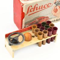cca 1940 Schuco Fernlenk-Auto felhúzhatós német lemezautó, dobozában, szép állapotban, jelzett, 11x8...
