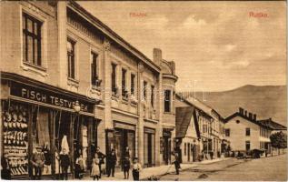 1916 Ruttka, Vrútky; Fő utca, Fisch Tetsvérek, Szétsényi Ferenc üzlete. Felvidéki Magyarság nyomda Gerő Henrik kiadása / main street, shops (EK)