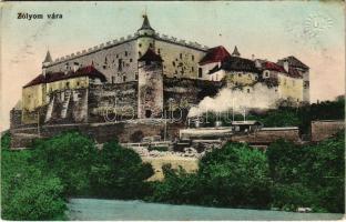 1915 Zólyom, Zvolen; vár, gőzmozdony, vonat. Vasúti levelezőlapárusítás 3073. / Zvolensky zámok / castle, locomotive, train (EK)