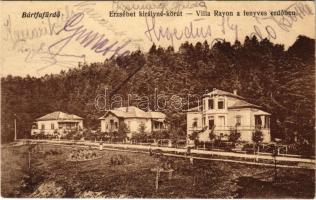 Bártfafürdő, Bardejovské Kúpele, Bardiov, Bardejov; Erzsébet királyné körút, Villa Rayon a fenyves erdőben. Salgó Mór kiadása / street, villa, spa (EK)