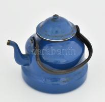Kék zománcozott teáskanna, jelzés nélkül, kissé kopott, m: 16 cm, d: 16 cm