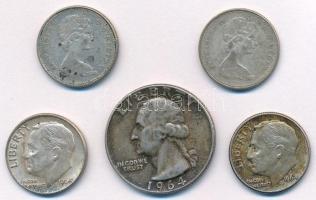 Amerikai Egyesült Államok 1964. 10c Ag "Roosevelt" (2xklf) + 25c Ag + Kanada 1968. 10c Ag ...