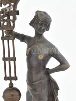 Junghans art nouveau női alakos asztali óra, bronz, fa, korrektül összerakva működik, de tisztításra...