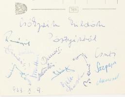 Tokioi olimpiára készülő magyar labdarúgó csapat tagjai által aláírt képeslap Bene, Szepesi, Menczel...