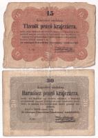 1849. 15kr + 30kr Kossuth bankó T:VG az egyiken szakadás, anyaghiány Adamo G102, G103
