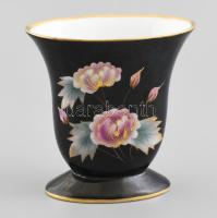 Bakos Éva fekete alapon virágmintás porcelán vázácska. Részben kézzel festett, jelzett, kis kopással, belül hajszálrepedéssel, m: 12 cm
