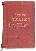 Karl Baedeker: Italien von den Alpen bis Neapel. Kurzes Reisehandbuch. Leipzig, 1908, Verlag von Karl Baedeker, XLII+412 p. Sechste Auflage (Hatodik kiadás.) Német nyelven. Térképekkel gazdagon illusztrált. Kiadói aranyozott egészvászon kötés, kopott borítókkal, sérült gerinccel, két térkép szélén kis szakadásokkal, de belül alapvetően, jó állapotban.