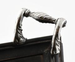 Antik fa szervírozótálca, ezüst (Ag) betéttel és fogókkal, jelzett, kopással, 47x35 cm