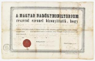 1849 A Magyar Hadügyminisztérium által kiállított bizonyítvány katonai alkalmatlanságról, végleges felmentésről, viaszpecséttel, javított.  "Kelt Debreczenben 1849 Május hó 12-én. Hadügyminiszter megbízásából Pulszky ezredes." cselfalvi Pulszky Sándor (1804-1849) honvéd ezredes aláírásával.