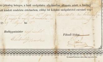 1849 A Magyar Hadügyminisztérium által kiállított bizonyítvány katonai alkalmatlanságról, végleges f...