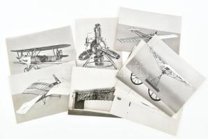 cca 1980 Magyar Közlekedési Múzeum, 15 db repülőmodelleket és egyéb járműveket ábrázoló, képes nyomtatvány, többnyelvű feliratokkal, 17x12 cm