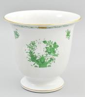 Herendi zöld Apponyi mintás kaspó, jelzett, restaurált, repedt, m: 17,5 cm