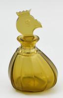 Lapcsiszolt sárgás üveg pálinkás palack, madárfejes dugóval, anyagában színezett, jelzés nélkül, sérült, m: 16 cm