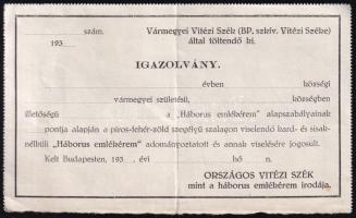 cca 1930-40 Kitöltetlen kard- és sisak nélküli magyar háborús emlékérem igazolvány, hajtásnyommal, apró lapszéli szakadással, 9,5x16 cm