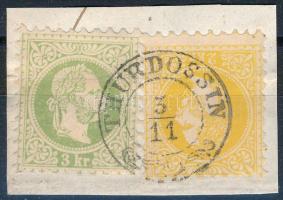 1867 2kr + 3kr kivágáson, luxus "THURDOSSIN" bélyegzéssel, 1867 2kr + 3kr on cutting, luxury "THURDOSSIN"