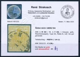 1850 1kr sárga / yellow MP "PESTH" (EUR 150,-) Certificate: Strakosch