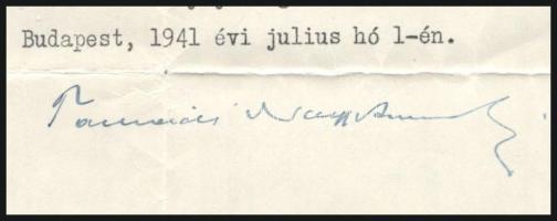 1941 Tasnádi Nagy András (1882-1956) a képviselőház elnöke által saját kézzel aláírt fizetésbesorolá...